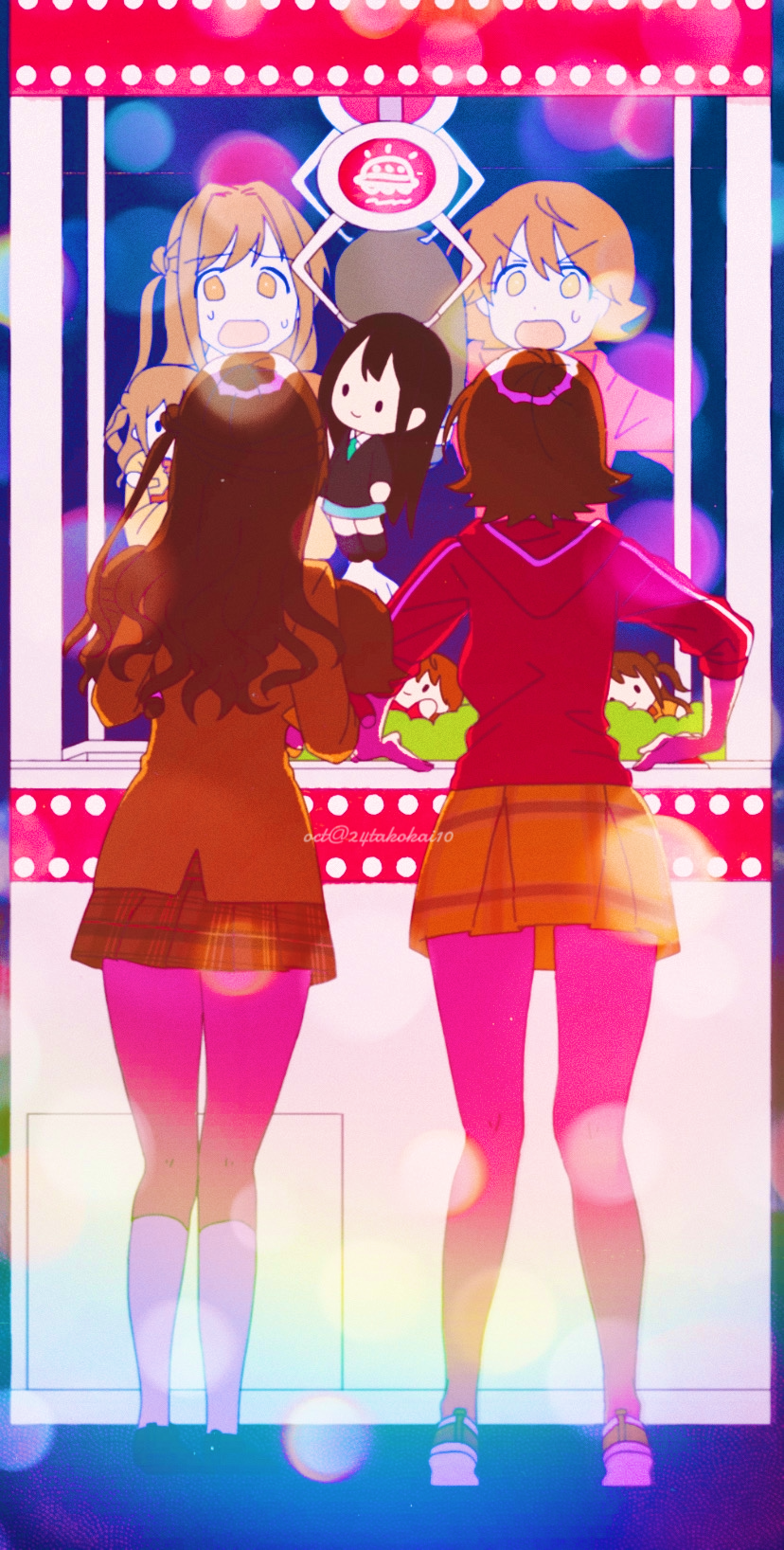 24takokai10, 2girls, :o, bare_legs, brown_hair, character_doll, commentary_request, crane_game