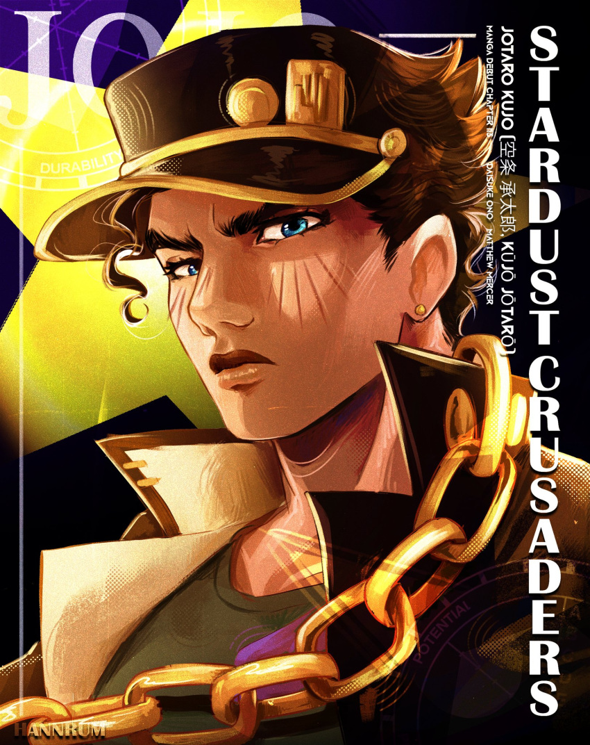 1boy, black_hair, black_hat, blue_eyes, chain, character_name, closed_mouth, earrings