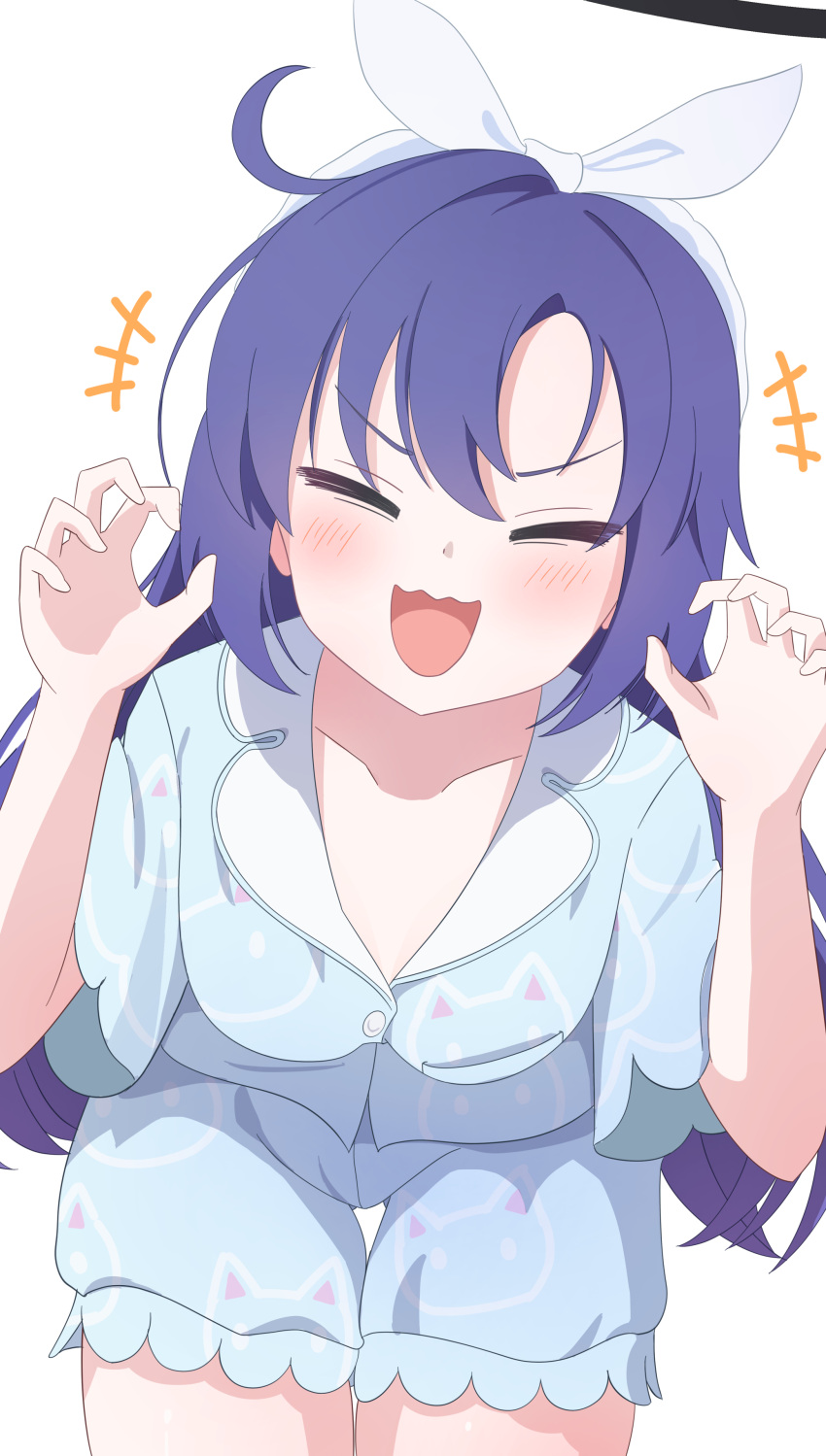 +++, 1girl, absurdres, animal_print, black_halo, blue_archive, blue_pajamas, blue_shirt