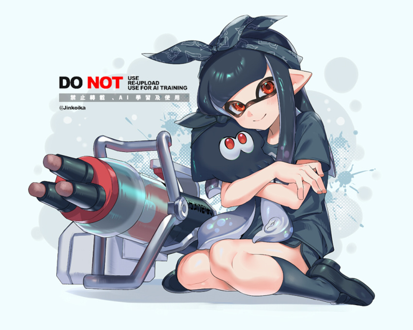 1girl, animal, bow, bow_hairband, closed_mouth, commentary, dolphin_shorts, full_body, green_bow, green_hair, green_hairband, green_shirt, green_shoes, green_shorts, green_socks, hair_bow, hairband, heavy_edit_splatling_(splatoon), holding, holding_animal, inkling, inkling_(swim_form), inkling_girl, inkling_player_character, jinkoika, loafers, long_hair, looking_at_viewer, pointy_ears, red_eyes, shirt, shoes, short_sleeves, shorts, sitting, smile, socks, splatoon_(series), splatoon_3, symbol-only_commentary, t-shirt, tentacle_hair