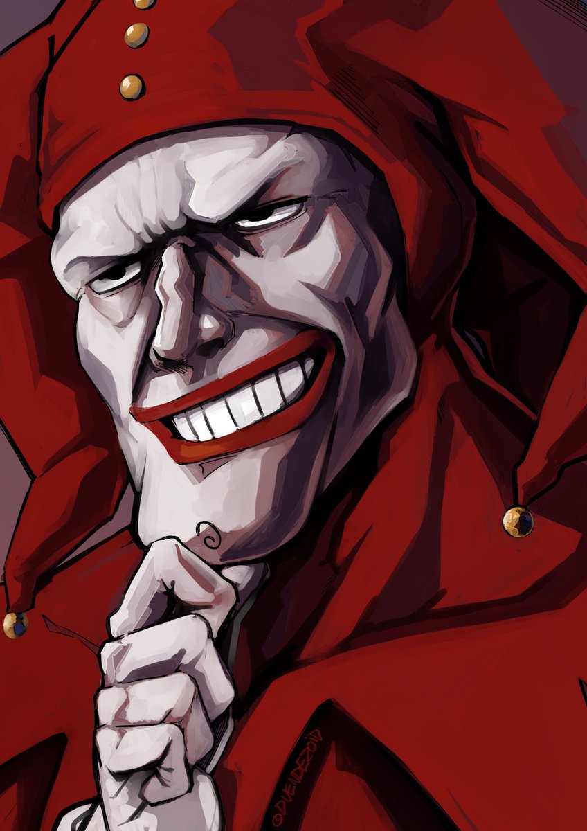 balatro, black_eyes, chicot_(balatro), duendezoid, hand_on_own_chin, hat, highres, jawbone