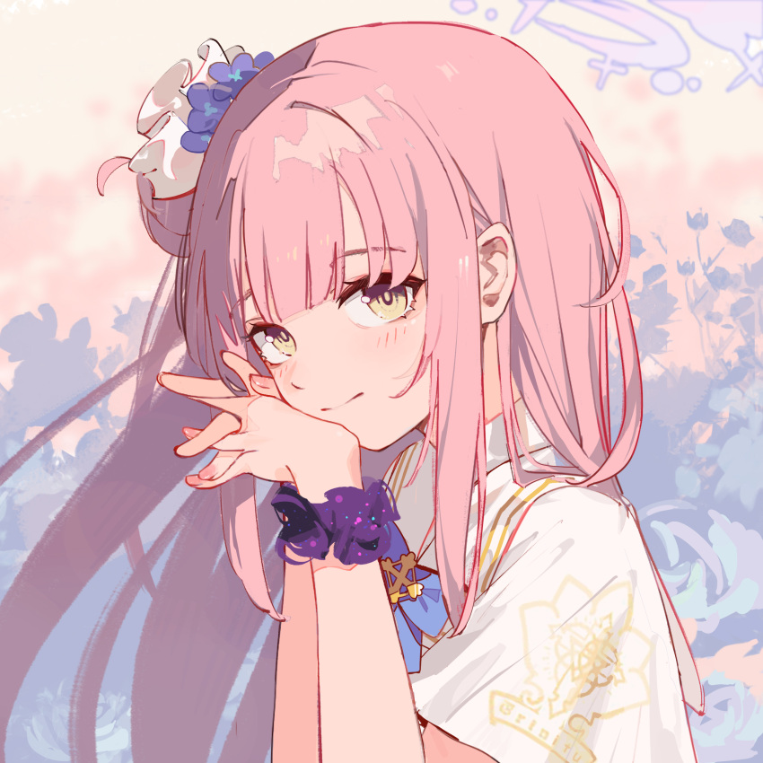 1girl, absurdres, bilibalakonglijiwa, blue_archive, blue_bow, bow, capelet, hair_bun, hair_ornament, hair_scrunchie, highres, long_hair, looking_at_viewer, mika_(blue_archive), own_hands_together, pink_hair, purple_scrunchie, scrunchie, sidelocks, single_side_bun, solo, upper_body, white_capelet, white_scrunchie, wrist_scrunchie, yellow_eyes