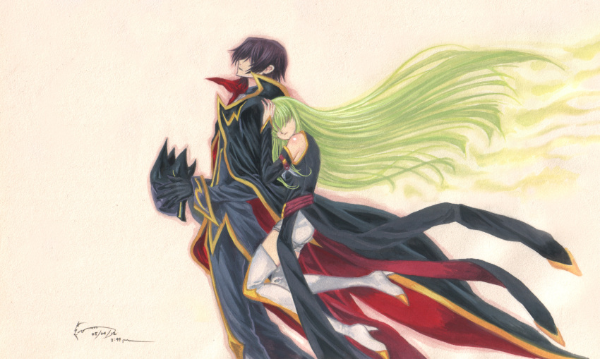 1boy, 1girl, absurdres, bare_shoulders, black_coat, black_gloves, black_hair, black_helmet, black_jacket, black_pants, black_sleeves, boots, coat, code_geass, detached_sleeves, dominic_ian_cabatit, floating, from_side, gloves, gold_trim, green_hair, hair_over_eyes, helmet, high_heel_boots, high_heels, highres, holding, holding_helmet, jacket, leaning_on_person, lelouch_vi_britannia, long_hair, long_sleeves, looking_up, male_focus, pants, profile, red_coat, short_hair, shorts, thigh_boots, traditional_media, two-sided_coat, two-sided_fabric, unworn_headwear, unworn_helmet, white_boots, white_shorts