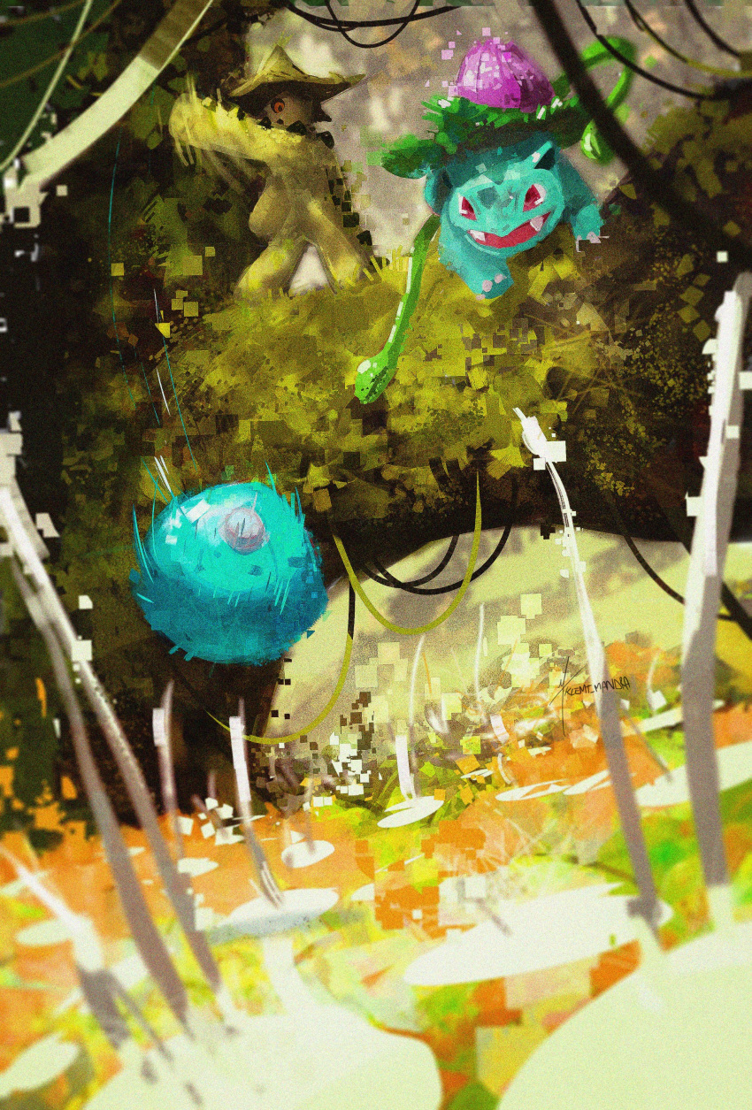 absurdres, berry_(pokemon), cacturne, colored_skin, fangs, food, forest, fruit