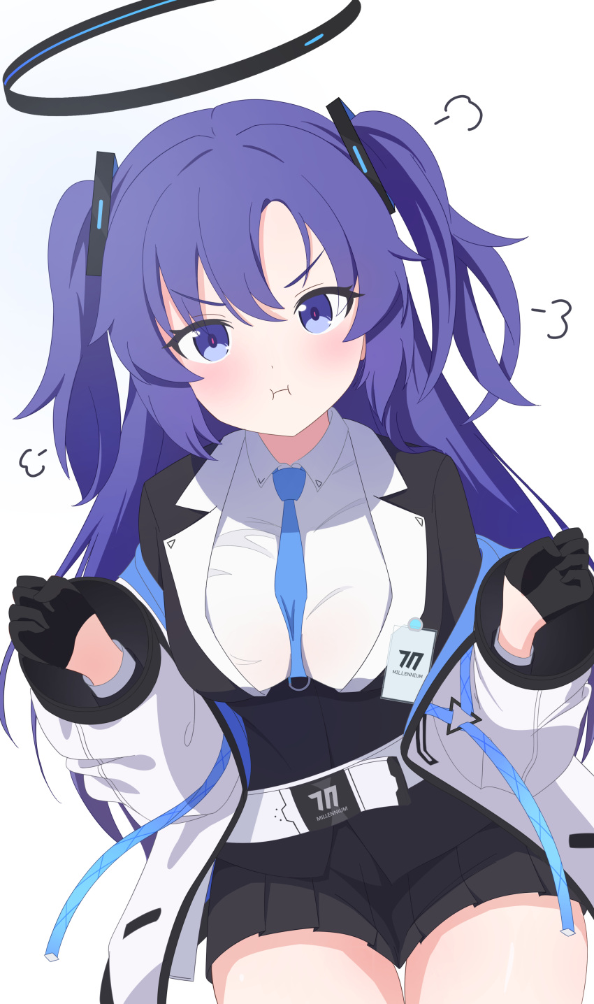 1girl, absurdres, angry, black_gloves, black_halo, black_jacket, black_skirt, blue_archive, blue_necktie, commentary, fortysansan, gloves, halo, highres, jacket, long_hair, mechanical_halo, millennium_science_school_logo, necktie, purple_hair, shirt, simple_background, skirt, solo, twintails, violet_eyes, white_background, white_jacket, white_shirt, yuuka_(blue_archive)