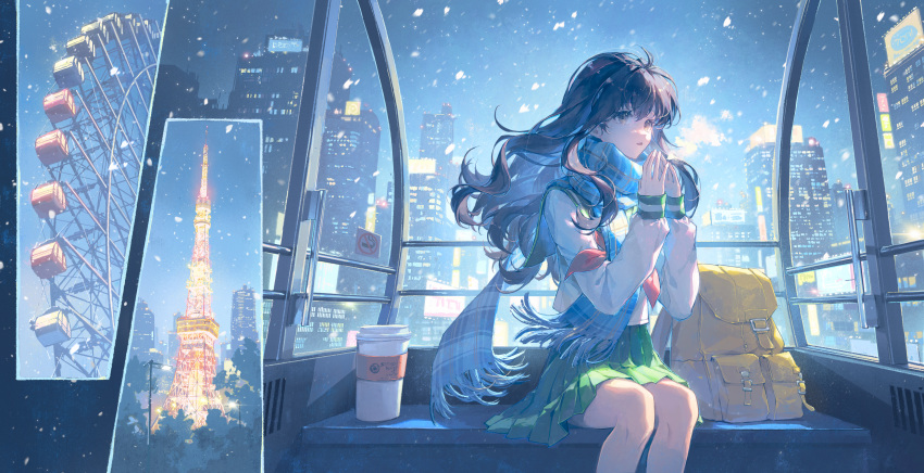 1girl, absurdres, backpack, bag, birthday, black_hair, blue_sky, breath, building, chinese_commentary, city, city_lights, commentary_request, commission, cup, dated_commentary, disposable_coffee_cup, disposable_cup, expressionless, ferris_wheel, ferris_wheel_interior, fringe_trim, green_sailor_collar, green_skirt, green_sleeve_cuffs, grey_scarf, hands_up, highres, higurashi_kagome, inuyasha, long_hair, looking_ahead, looking_at_viewer, looking_outside, miniskirt, neckerchief, night, night_sky, no_smoking, own_hands_together, parted_lips, plaid_clothes, plaid_scarf, pleated_skirt, polora, red_neckerchief, sailor_collar, sailor_shirt, scarf, school_uniform, second-party_source, serafuku, shirt, sitting, skirt, sky, skyscraper, sleeve_cuffs, snowing, solo, steepled_fingers, three_quarter_view, tokyo_(city), tokyo_tower, unworn_backpack, unworn_bag, wavy_hair, white_shirt, winter, yellow_bag