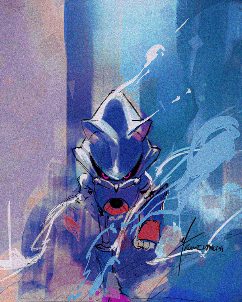 1boy, animal_ears, animal_nose, armor, black_sclera, blending, blue_armor, colored_sclera, full_body, hedgehog_boy, highres, humanoid_robot, klemt_mandra, looking_at_viewer, male_focus, metal_sonic, pointy_nose, red_eyes, robot, smoke, solo, sonic_(series), standing