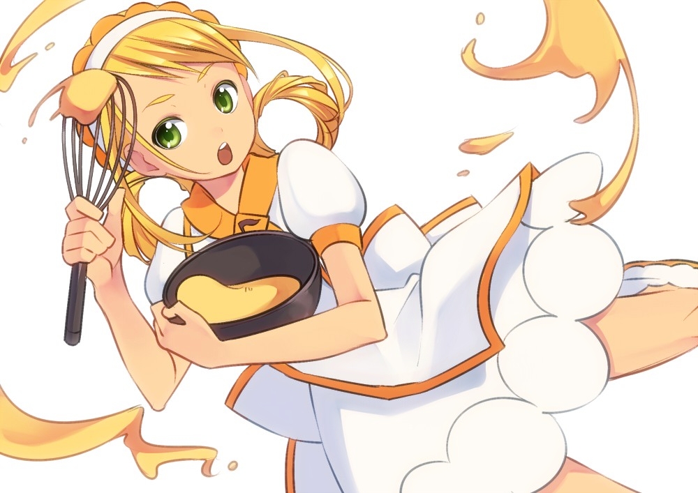 asuka_momoko, blonde_hair, child, cooking, dress, green_eyes, hair_rings, hairband