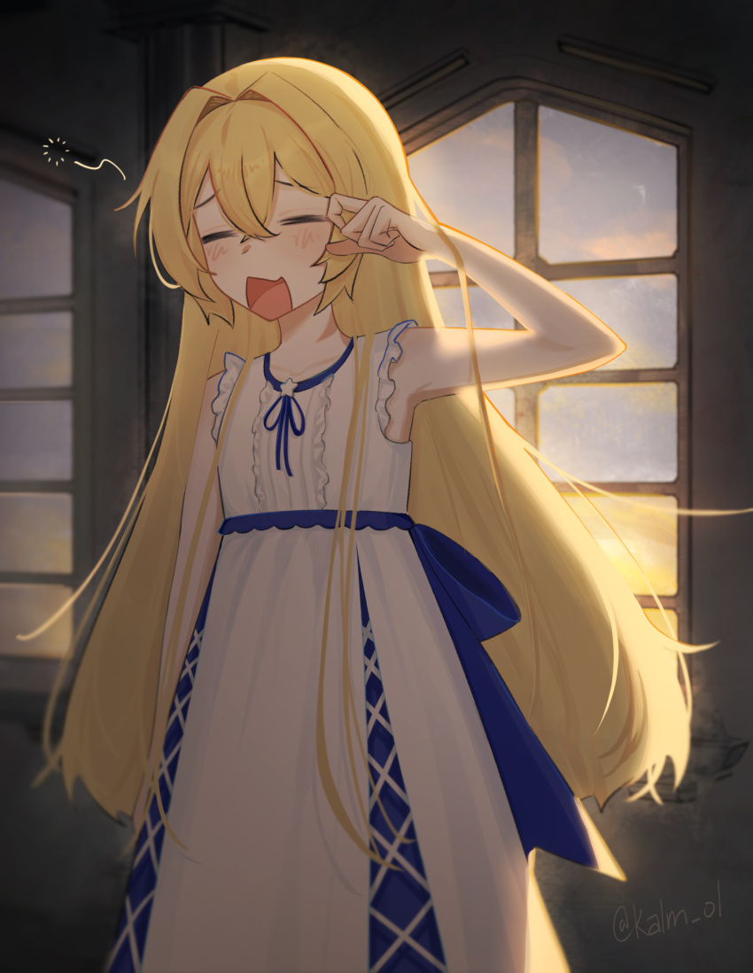 1girl, absurdres, alternate_costume, artist_name, back_bow, blonde_hair, blue_bow, blue_ribbon