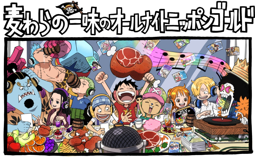 >_<, 2girls, 6+boys, antlers, arms_up, bepo_(one_piece), black_hair, blonde_hair