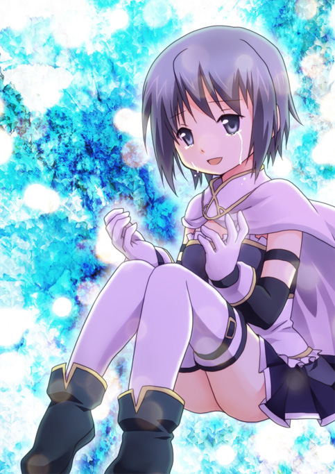 blue_eyes, cape, gloves, magical_girl, mahou_shoujo_madoka_magica, miki_sayaka, short_hair, sitting, tears, thigh-highs, thighhighs, touka_(dolce_mix), white_gloves, white_legwear, white_thighhighs