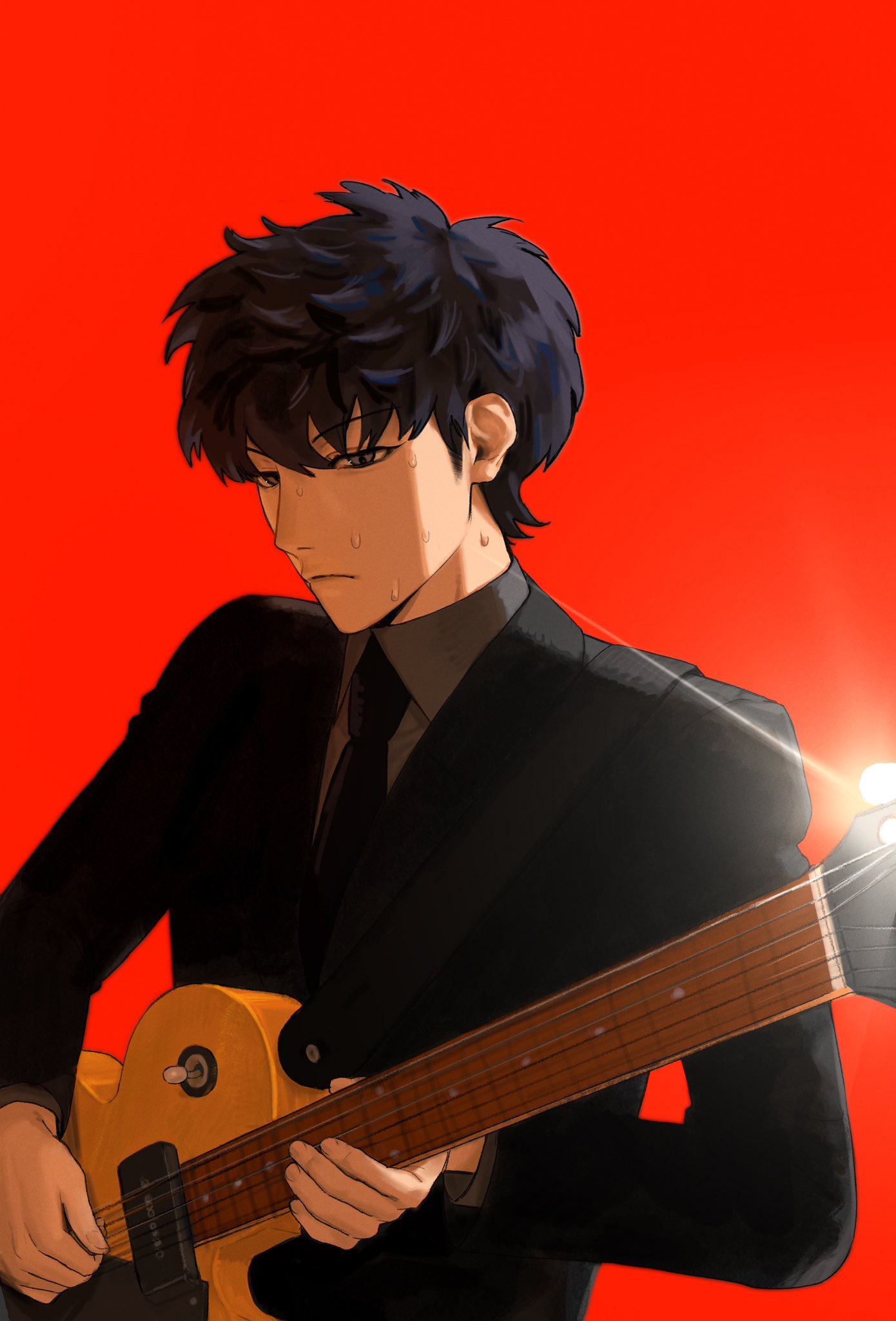 1boy, black_hair, black_jacket, black_necktie, closed_mouth, collared_shirt, commentary, electric_guitar, futsuu_no_keion-bu, gibson_les_paul, grey_eyes, grey_shirt, guitar, guitar_strap, highres, holding, holding_plectrum, instrument, jacket, male_focus, mano_(atsushiiii2277), mizuo_haruichi, music, necktie, official_alternate_costume, official_alternate_hairstyle, playing_guitar, playing_instrument, plectrum, red_background, shirt, short_hair, simple_background, solo, suit_jacket, sweat, upper_body