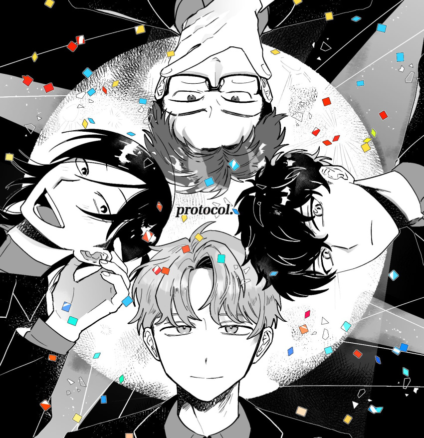 4boys, :d, closed_mouth, collared_shirt, commentary_request, confetti, covering_own_mouth, english_commentary