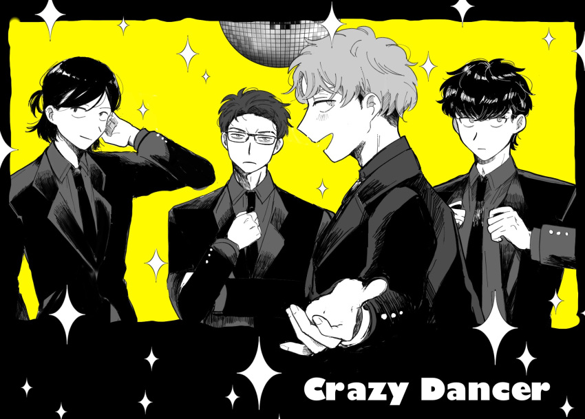 4boys, :|, adjusting_clothes, adjusting_necktie, closed_mouth, collared_shirt, commentary, disco_ball