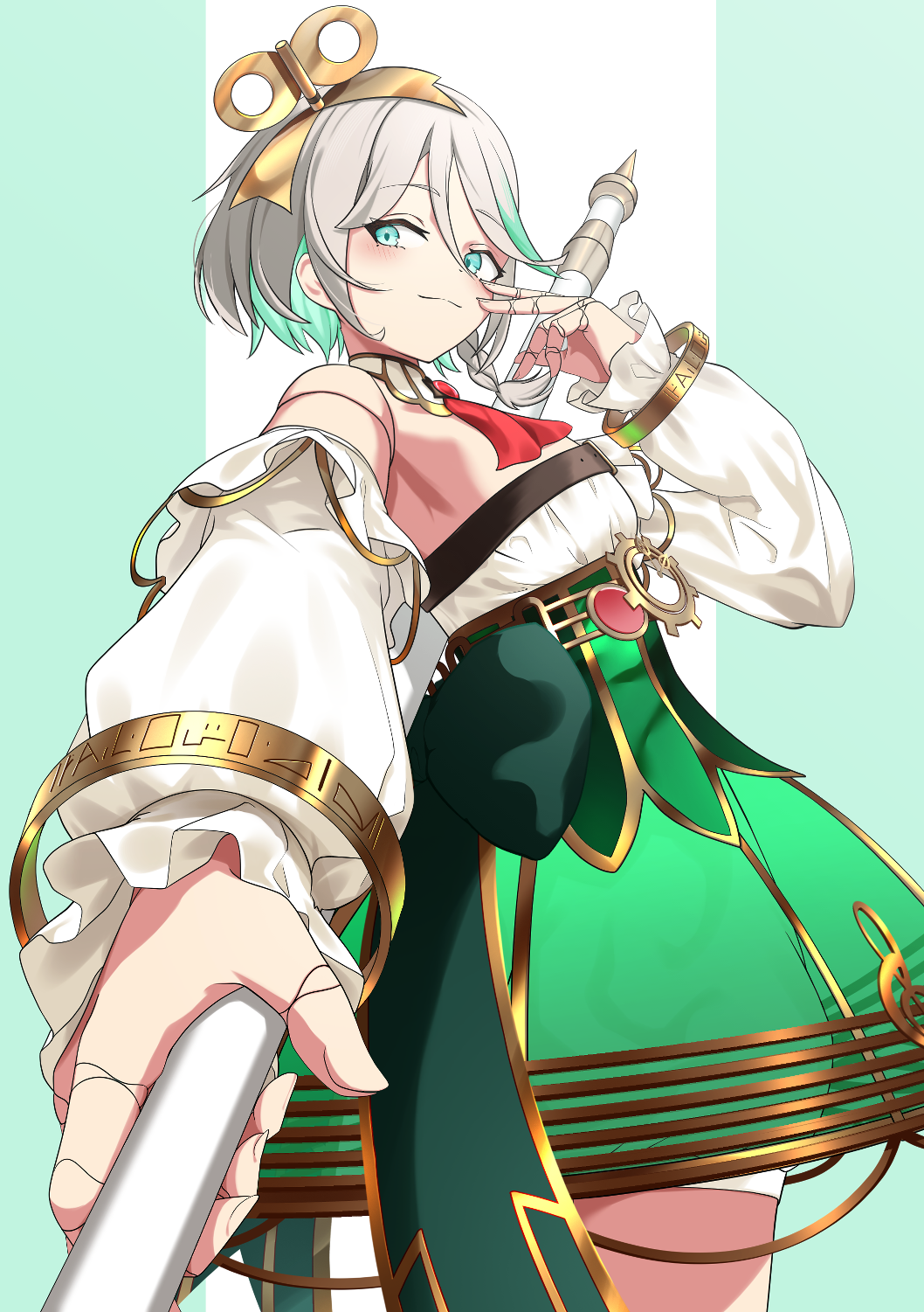 1girl, blush, cecilia_immergreen, cecilia_immergreen_(1st_costume), closed_mouth, detached_sleeves, doll_joints, dress, green_eyes, green_hair, green_skirt, grey_hair, harrybyharry, highres, hololive, hololive_english, joints, multicolored_hair, short_hair, skirt, smile, solo, streaked_hair, virtual_youtuber, white_dress, white_sleeves, winding_key