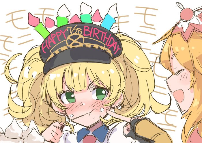 2girls, birthday, birthday_cake, blonde_hair, cake, cheek_poking, closed_eyes, collared_shirt