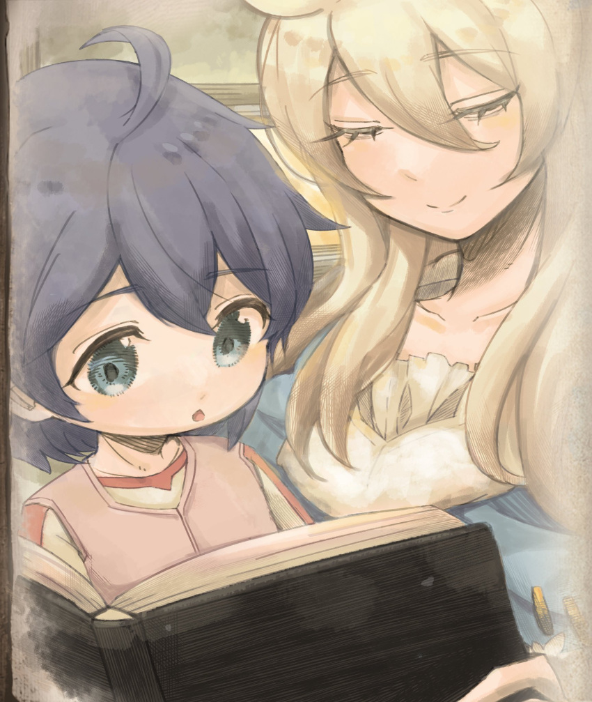 1boy, 1girl, aged_down, ahoge, blonde_hair, blue_eyes, book, child, closed_eyes, commentary_request, eyelashes, hair_between_eyes, highres, holding, holding_book, kawahara0527, lucifina_(mon-musu_quest!), luka_(mon-musu_quest!), mon-musu_quest!, on_lap, open_book, open_mouth, pink_vest, smile, vest