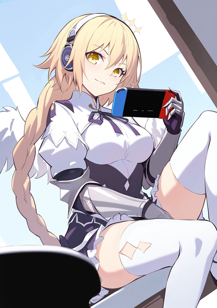 1girl, absurdres, angel_wings, blonde_hair, braid, closed_mouth, commentary_request, fate/grand_order