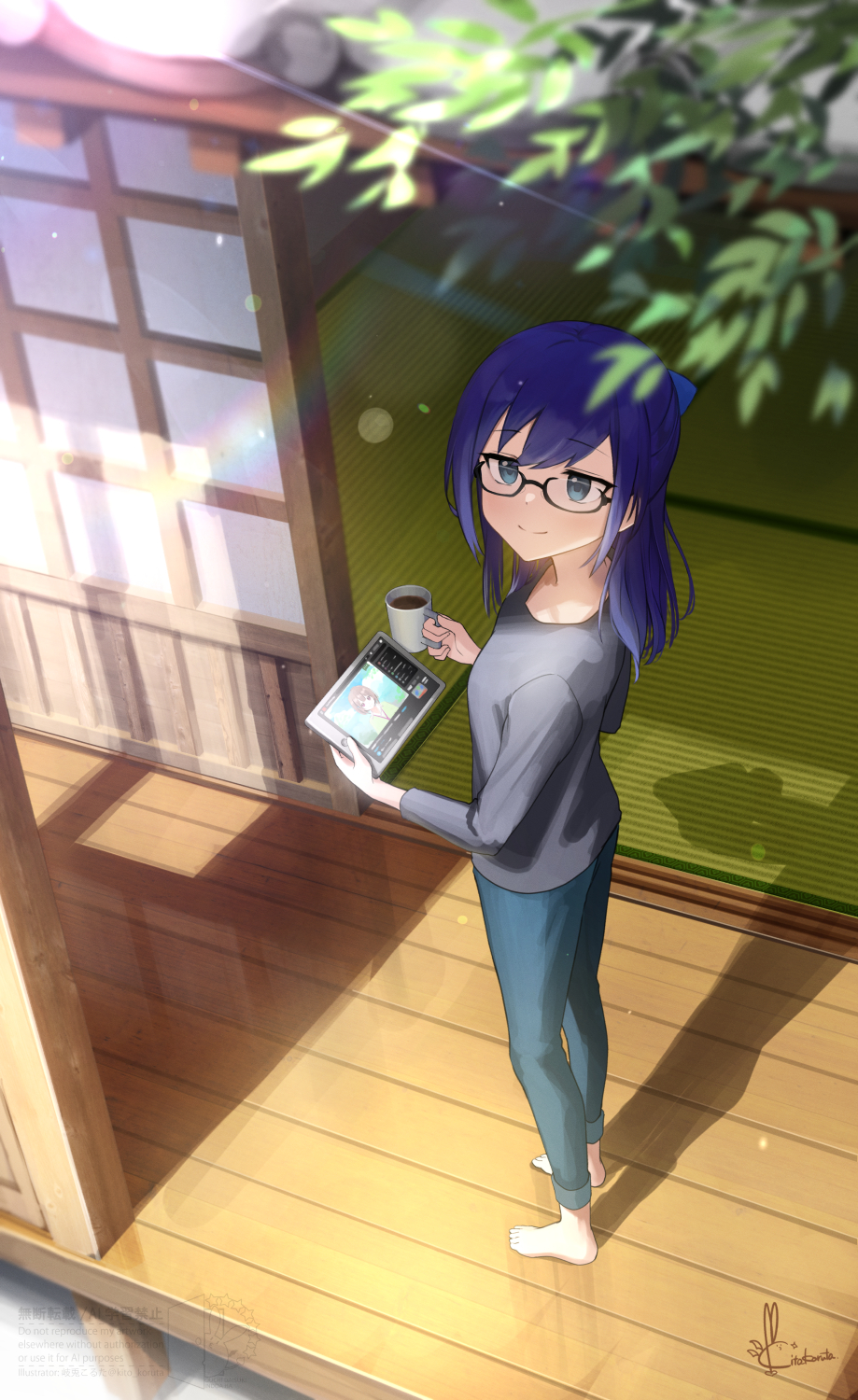 1girl, a-chan_(1st_costume)_(hololive), a-chan_(hololive), barefoot, black-framed_eyewear, black_shirt, blue_bow, blue_eyes