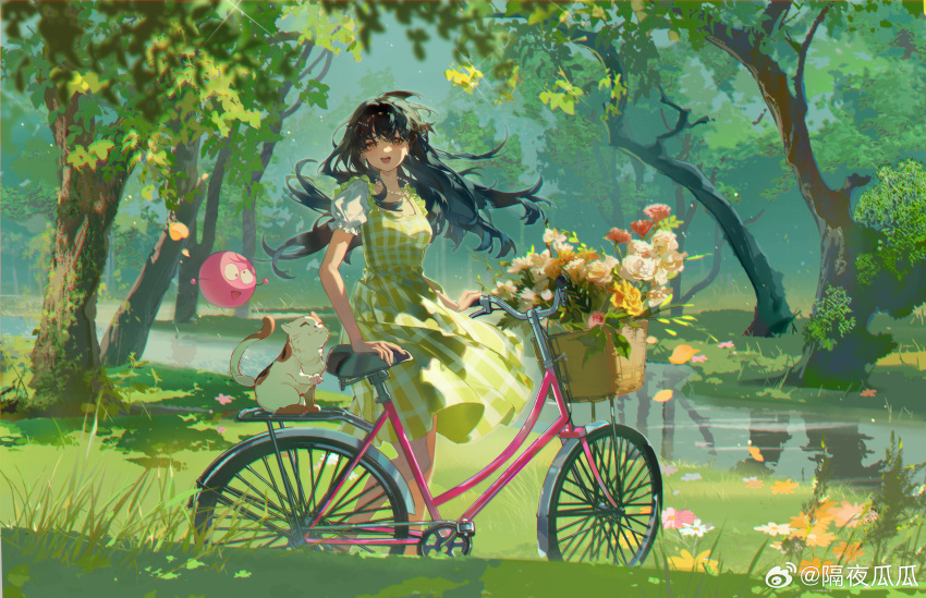 1girl, :d, basket, bicycle, bicycle_basket, black_hair, brown_eyes, cat