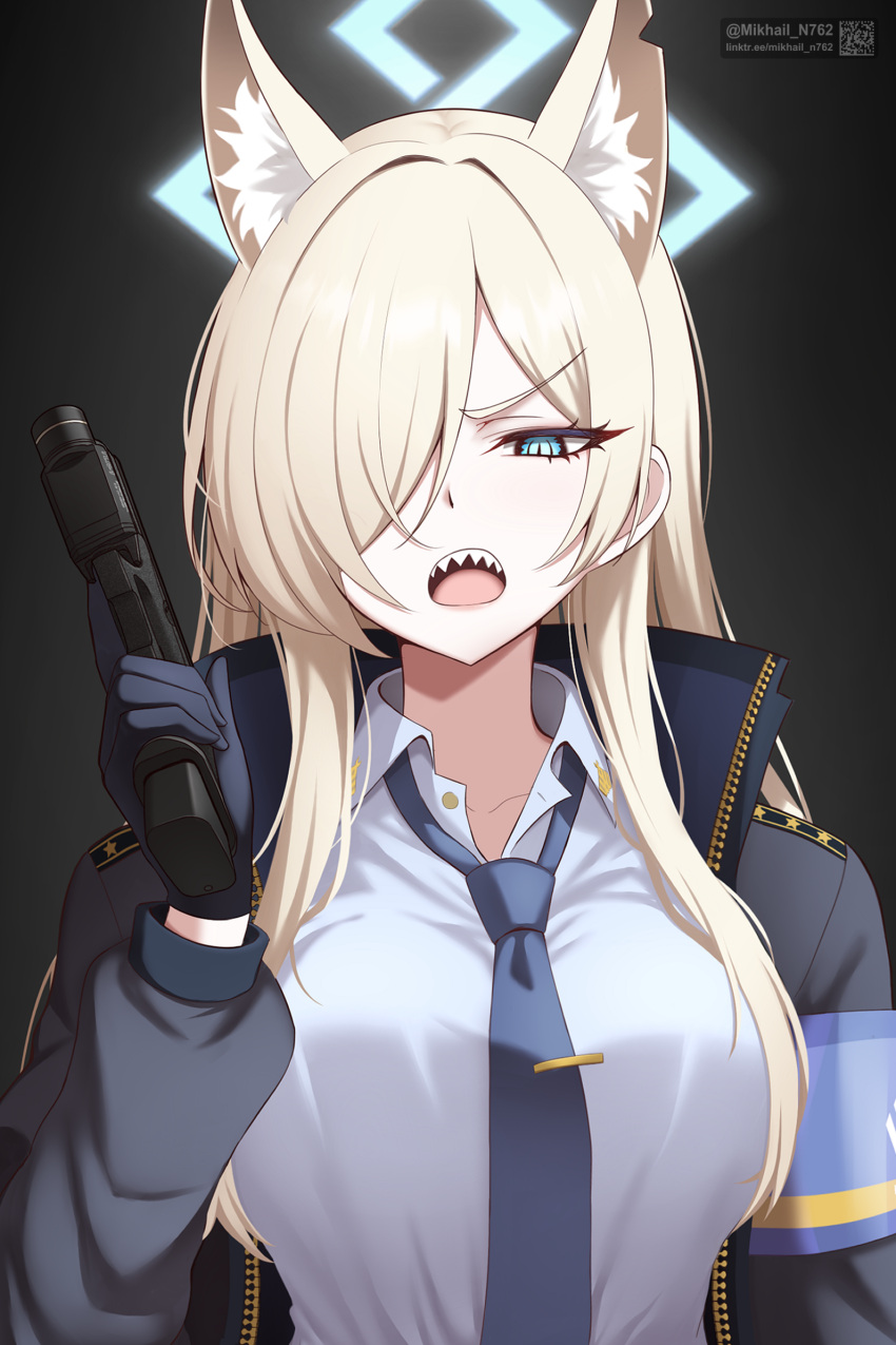 1girl, animal_ear_fluff, animal_ears, black_jacket, blonde_hair, blue_archive, blue_eyes, blue_necktie