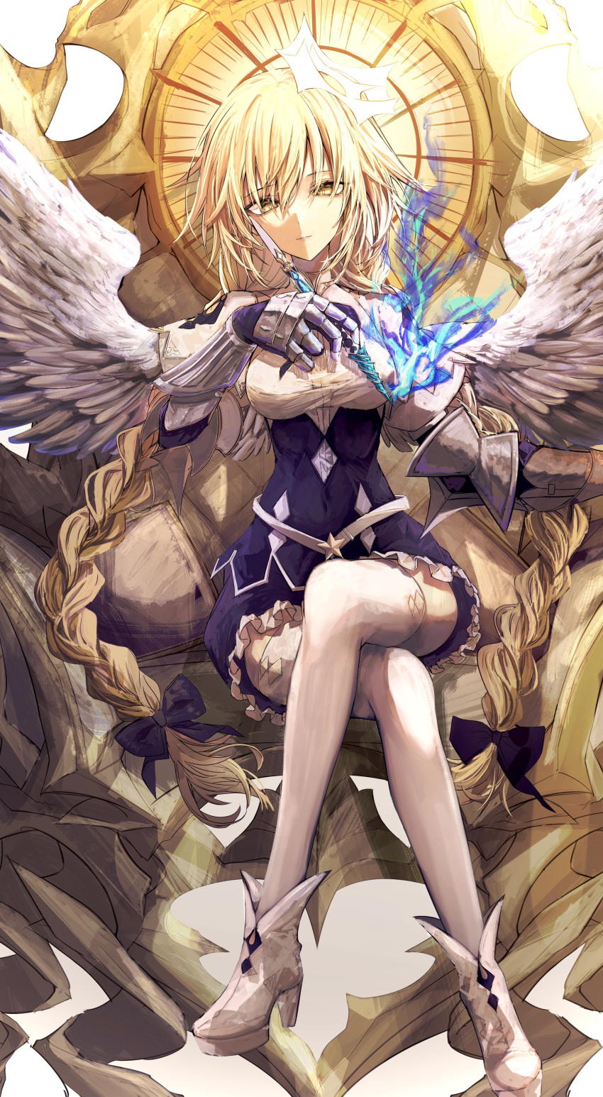 1girl, absurdres, angel_wings, armored_gloves, blonde_hair, braid, braided_ponytail, braided_twintails