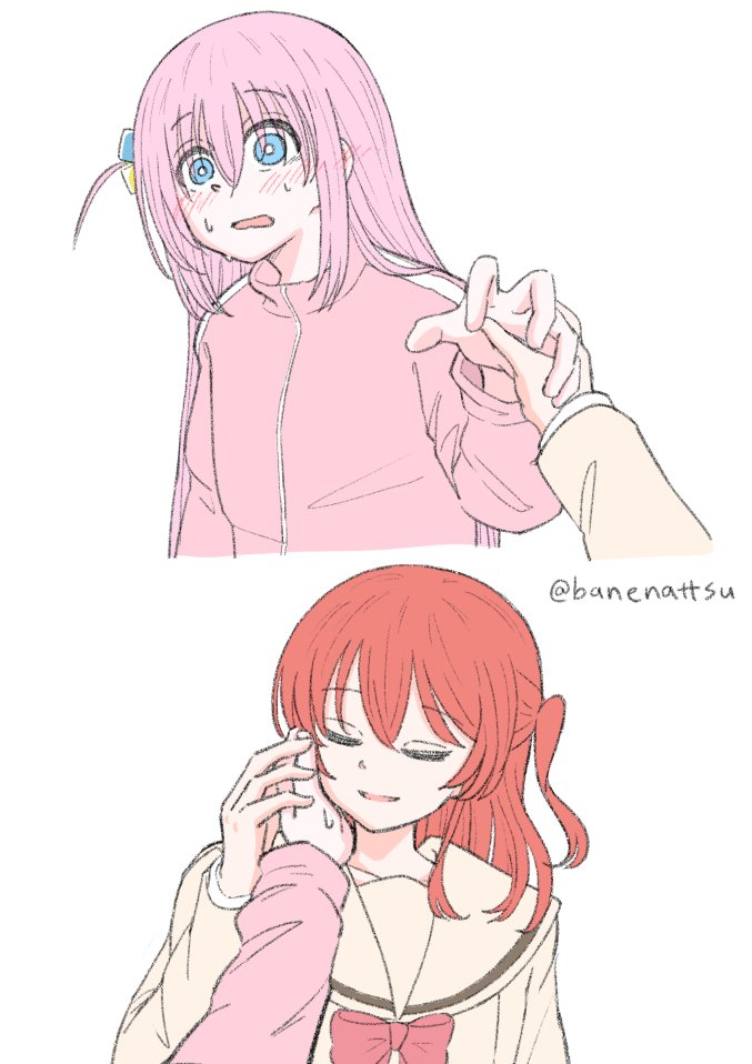 2girls, banenattsu, blue_eyes, blush, bocchi_the_rock!, bow, bowtie, closed_eyes