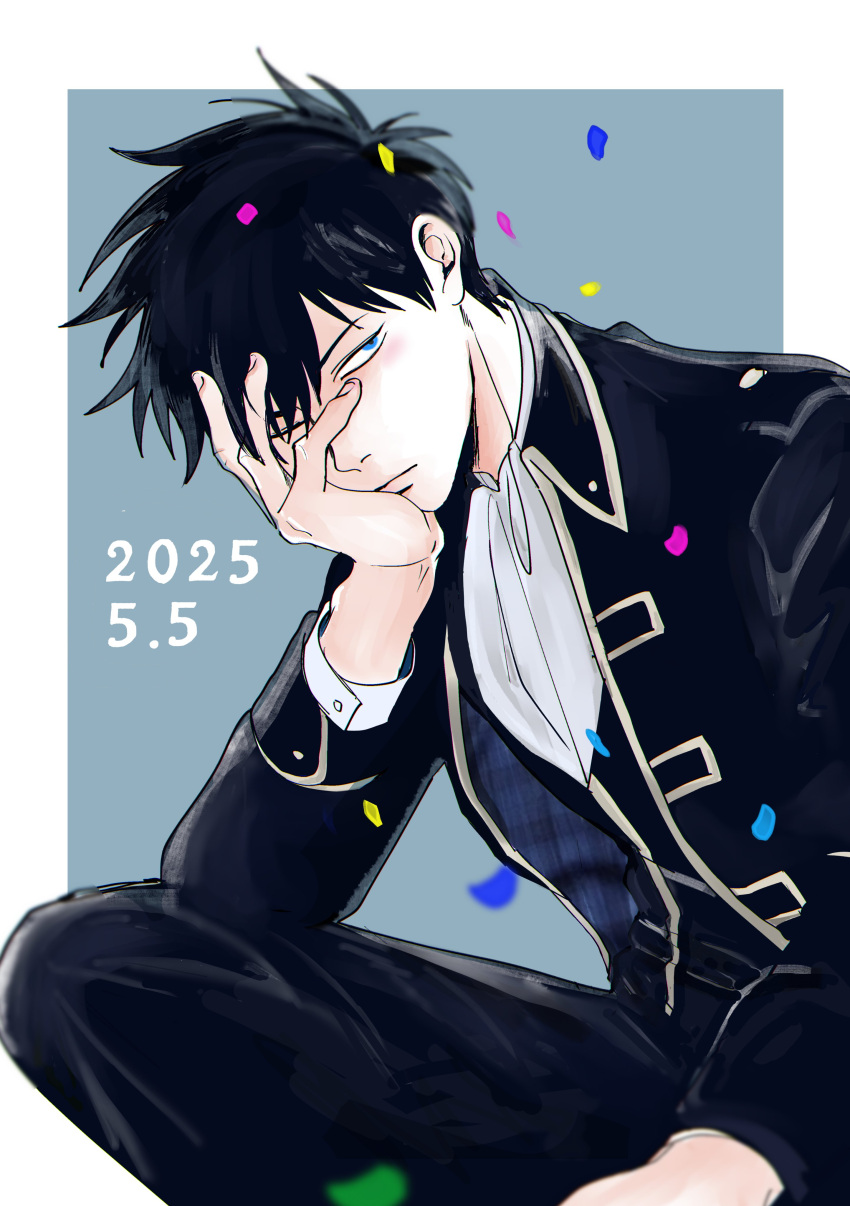 1boy, absurdres, ascot, black_hair, black_jacket, black_vest, blue_eyes, closed_mouth, commentary_request, confetti, dated, elbow_on_knee, feet_out_of_frame, ghqjyu, gintama, hand_on_own_face, head_rest, highres, hijikata_toushirou, indian_style, jacket, long_sleeves, looking_to_the_side, male_focus, shinsengumi, short_hair, sideways_glance, sitting, sleeve_cuffs, solo, vest, white_ascot, white_trim
