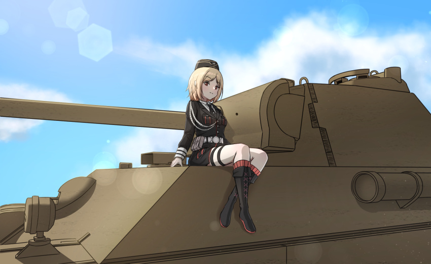 1girl, aiguillette, belt, belt_buckle, belt_pouch, black_necktie, blonde_hair, boots