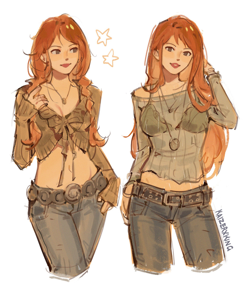 1girl, artist_name, belt, braided_twintails, commentary, cowboy_shot, denim, highres