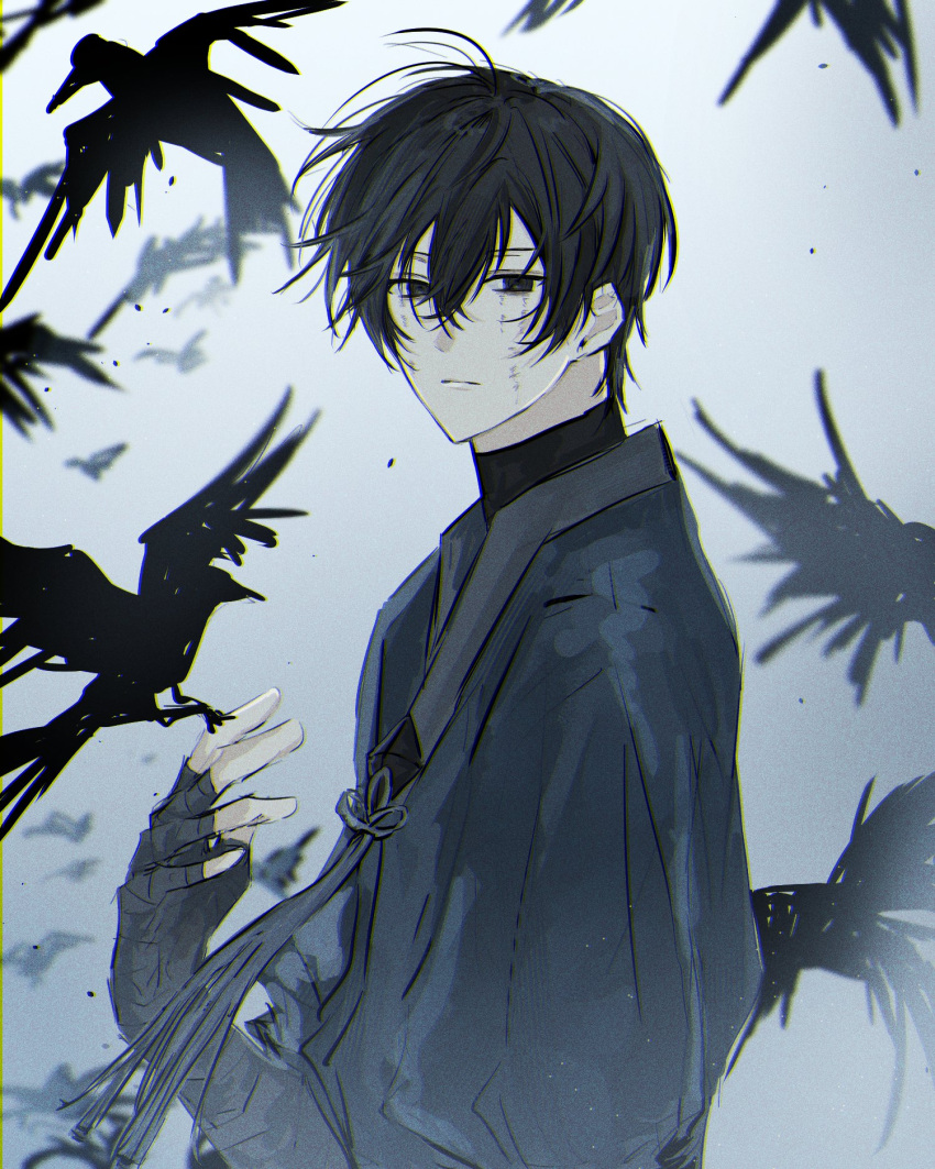 1boy, bandaged_arm, bandages, bird, black_eyes, black_gloves, black_hair, black_robe, black_shirt, crow, dirty, dirty_face, e.g.o_(project_moon), fingerless_gloves, gloves, highres, jugiii12, limbus_company, project_moon, robe, shirt, short_hair, too_many, too_many_birds, wishing_cairn_(e.g.o), yi_sang_(project_moon)