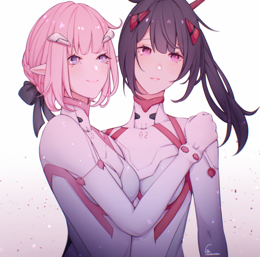 2girls, absurdres, artist_name, blue_eyes, bodysuit, breasts, catandcrumbles, commentary