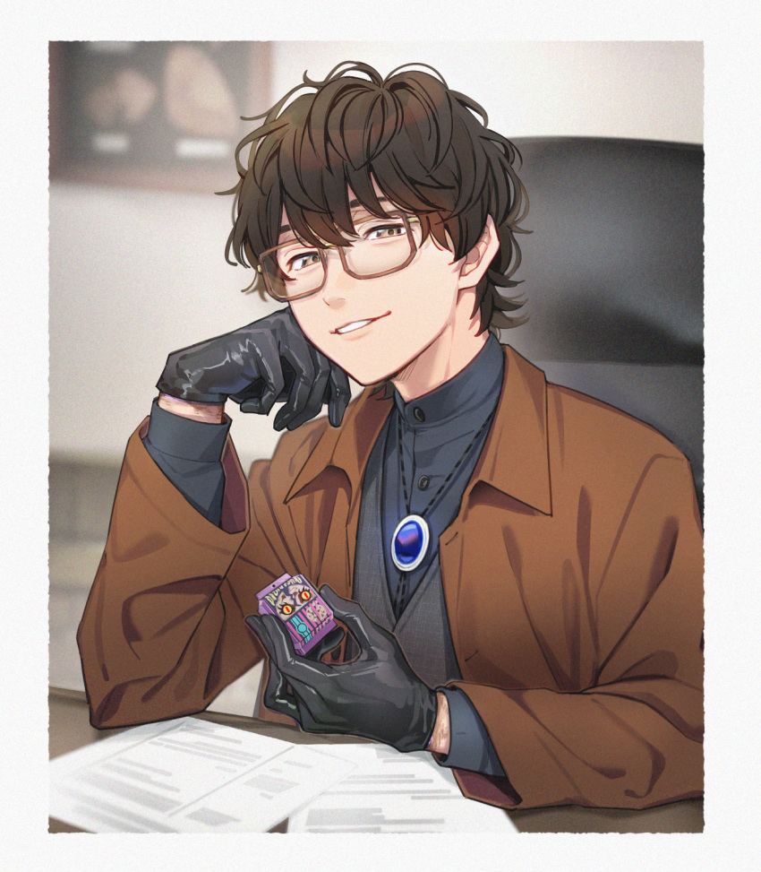 1boy, aam09212, black_gloves, brown_hair, chair, desk, glasses, gloves