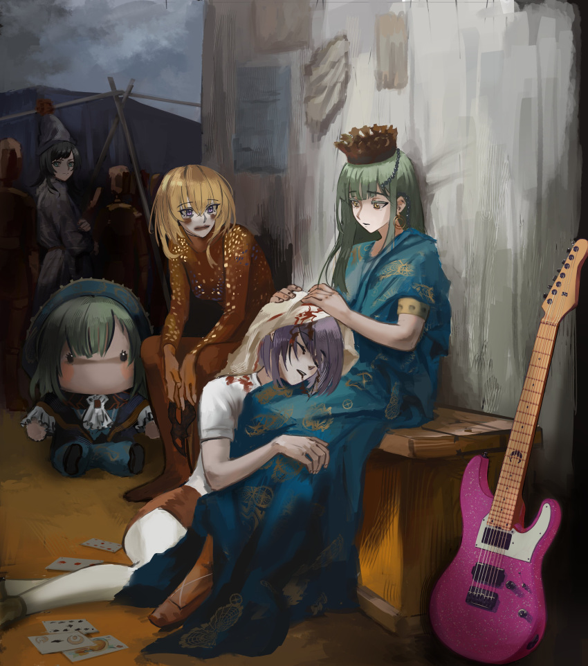 absurdres, alternate_costume, bang_dream!, bang_dream!_it's_mygo!!!!!, black_hair, blonde_hair, blood, blood_on_face, chromatic_aberration, clown, commentary_request, crown, doll, electric_guitar, ginkgo_doodles, green_hair, guitar, highres, indoors, instrument, looking_at_another, multiple_girls, purple_hair, short_hair, sitting