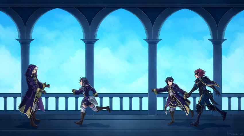 1girl, 3boys, ahoge, armor, birusabi, black_armor, black_boots, black_hair