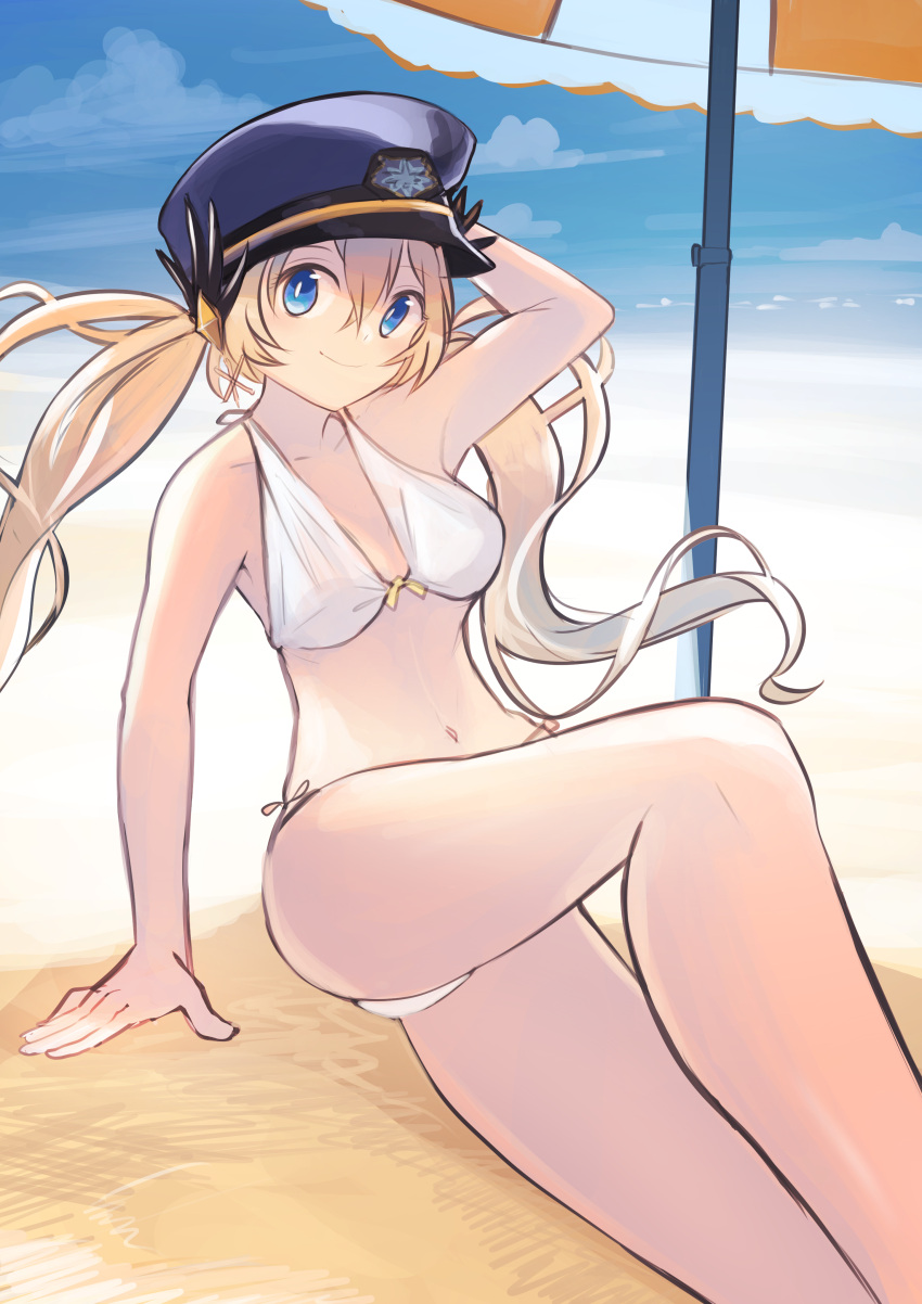 1girl, absurdres, alternate_costume, beach, beach_umbrella, bikini, blonde_hair, blue_eyes