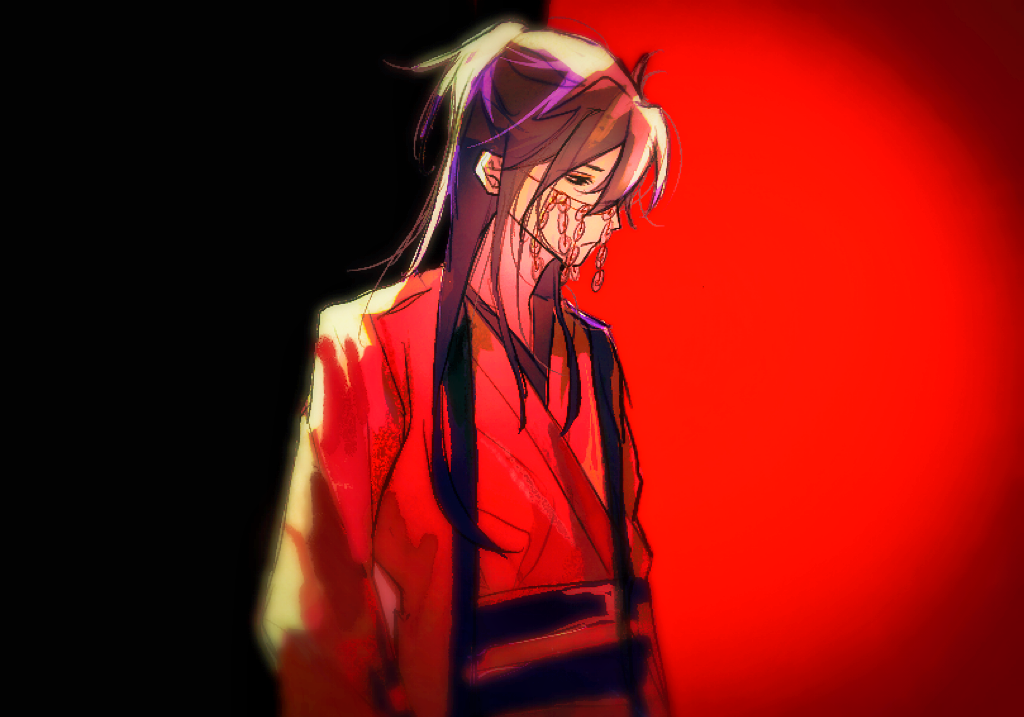 1boy, aaawwwssslll, black_background, black_hair, blood, blurry, blurry_foreground, brown_hair