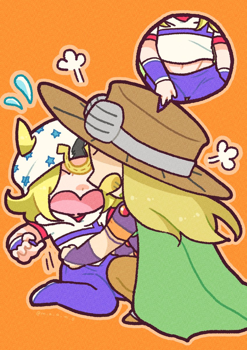 2boys, adjusting_clothes, adjusting_pants, beanie, blonde_hair, bridal_gauntlets, brown_hat, brown_pants, cape, chibi, commentary_request, cowboy_hat, flying_sweatdrops, goggles, goggles_on_headwear, gold_teeth, green_cape, gyro_zeppeli, hat, highres, hood, hoodie, horseshoe, horseshoe_hat_ornament, johnny_joestar, jojo_no_kimyou_na_bouken, long_hair, m_a_a_m_8, male_focus, medium_hair, multiple_boys, navel, no_eyes, open_mouth, orange_background, orange_sleeves, pants, puff_of_air, purple_bridal_gauntlets, purple_pants, purple_shirt, purple_sleeves, red_sleeves, shirt, short_sleeves, squatting, star_(symbol), star_print, steel_ball_run, surprised, two-tone_sleeves, white_hat, white_hoodie, white_sleeves, wristband