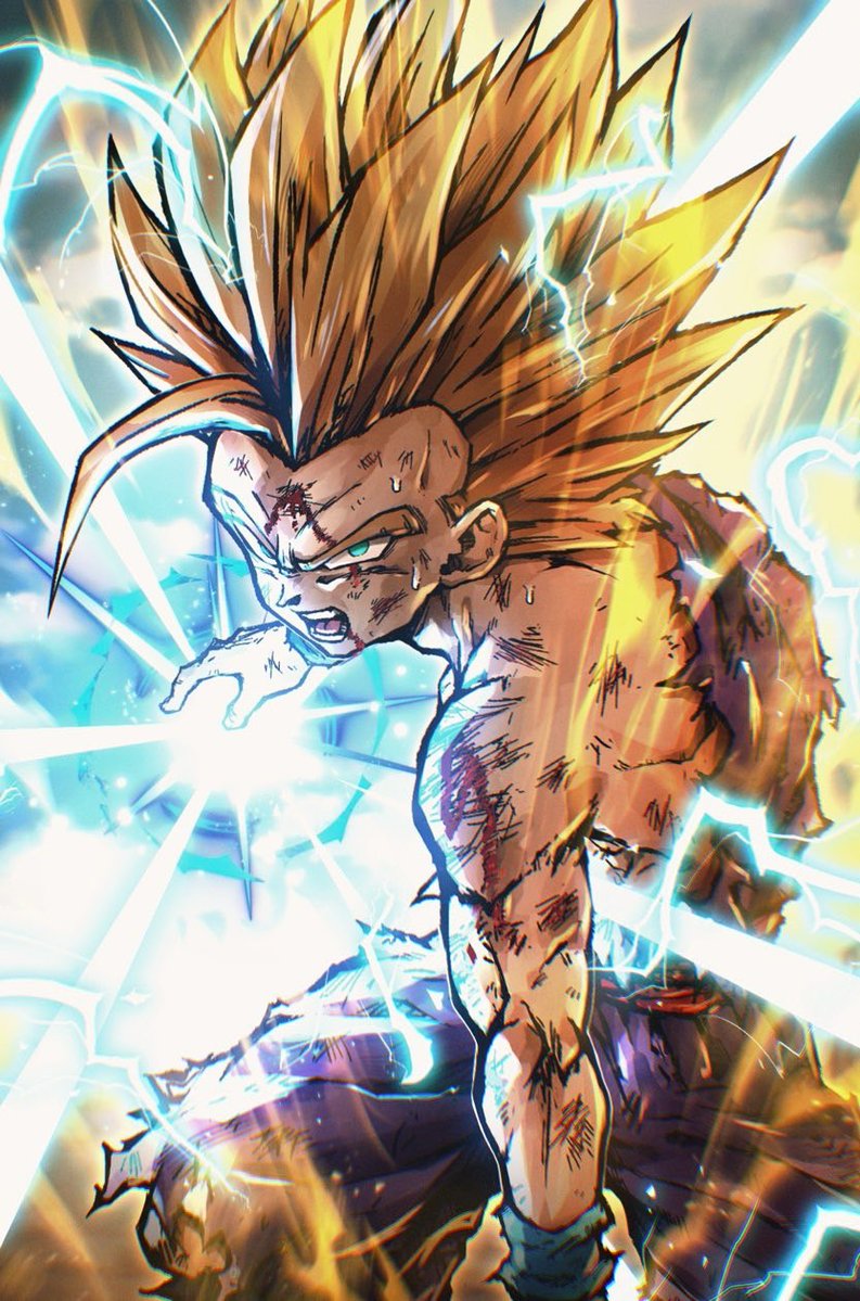 1boy, aura, blonde_hair, blood, child, cowboy_shot, dougi, dragon_ball