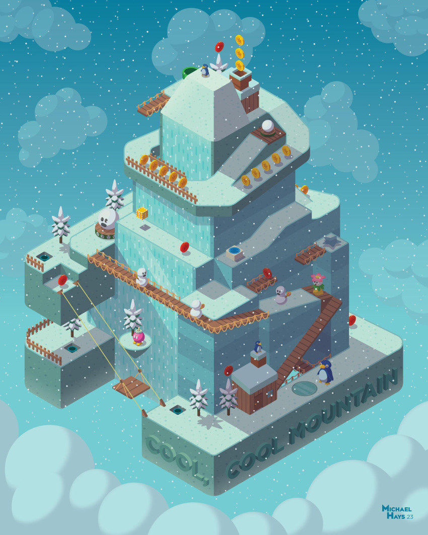 !_block, absurdres, artist_name, block_(object), blue_sky, bob-omb_buddy, bridge, cabin