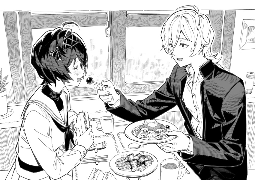 1boy, 1girl, absurdres, ahoge, closed_eyes, commission, ddal, drink