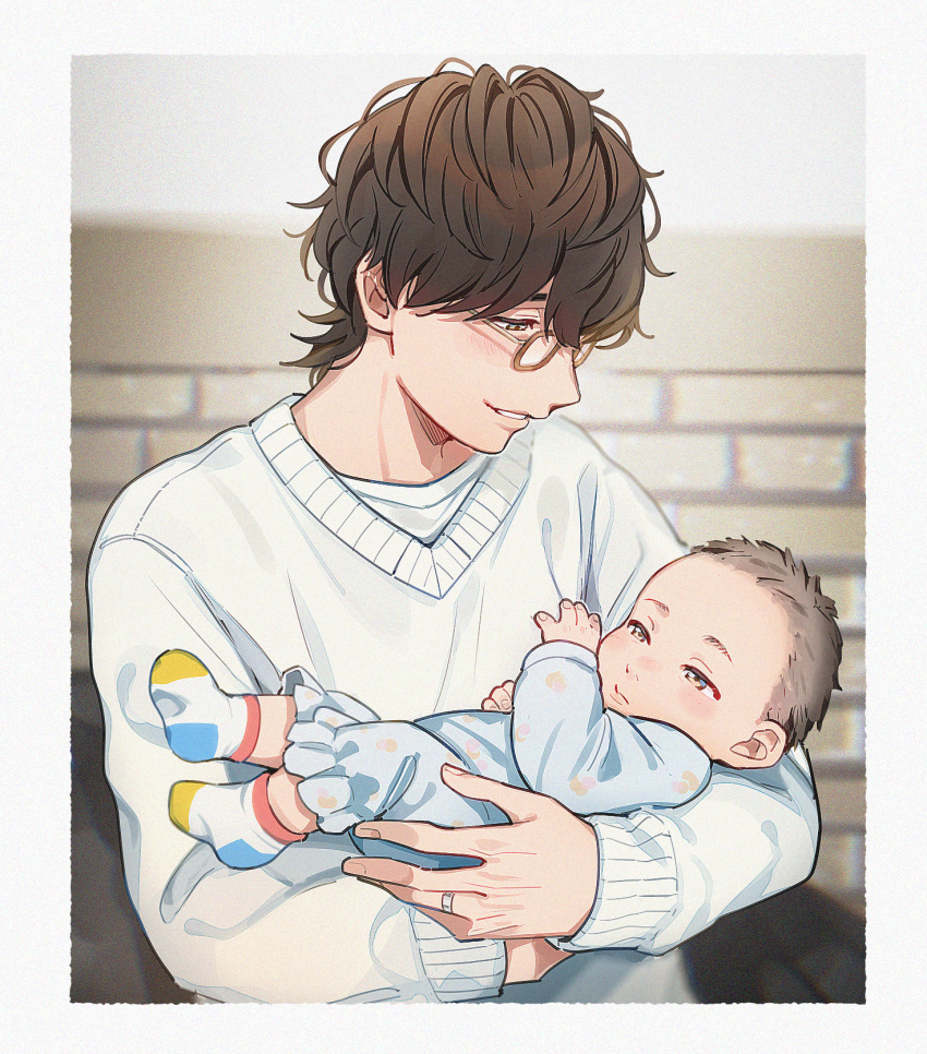 1boy, aam09212, baby, baby_carry, brown_hair, carrying, carrying_baby, carrying_person