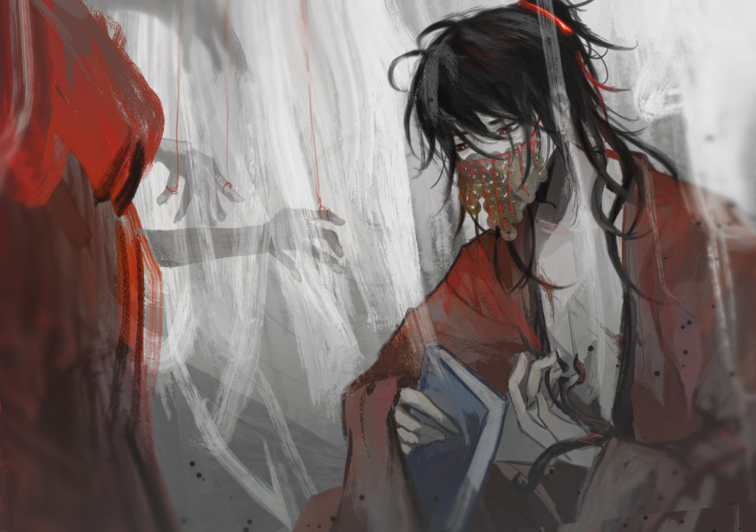 1boy, 1other, aaawwwssslll, black_hair, blood, blood_on_chest, book, chinese_clothes