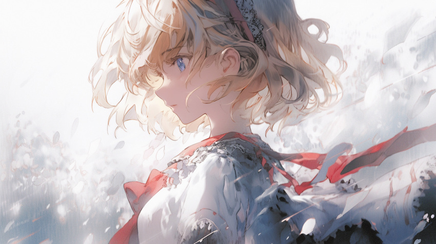 1girl, alice_margatroid, blonde_hair, blue_eyes, bow, bowtie, capelet, expressionless, frilled_hairband, frills, from_side, hairband, lolita_hairband, messy_hair, primavista, red_bow, red_bowtie, short_hair, solo, touhou, upper_body, white_capelet
