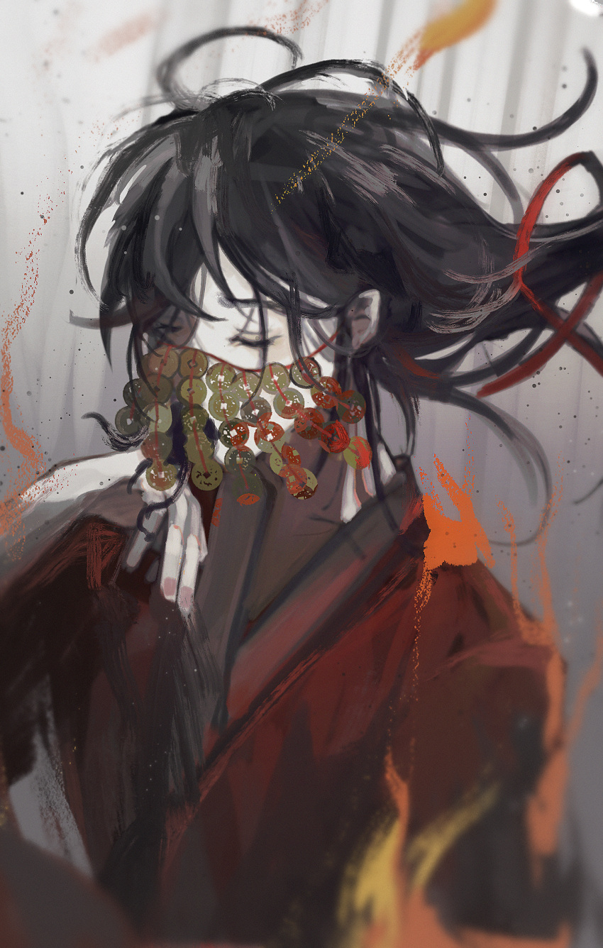 1boy, aaawwwssslll, black_hair, blood, blood_on_clothes, blurry, burning, chinese_clothes