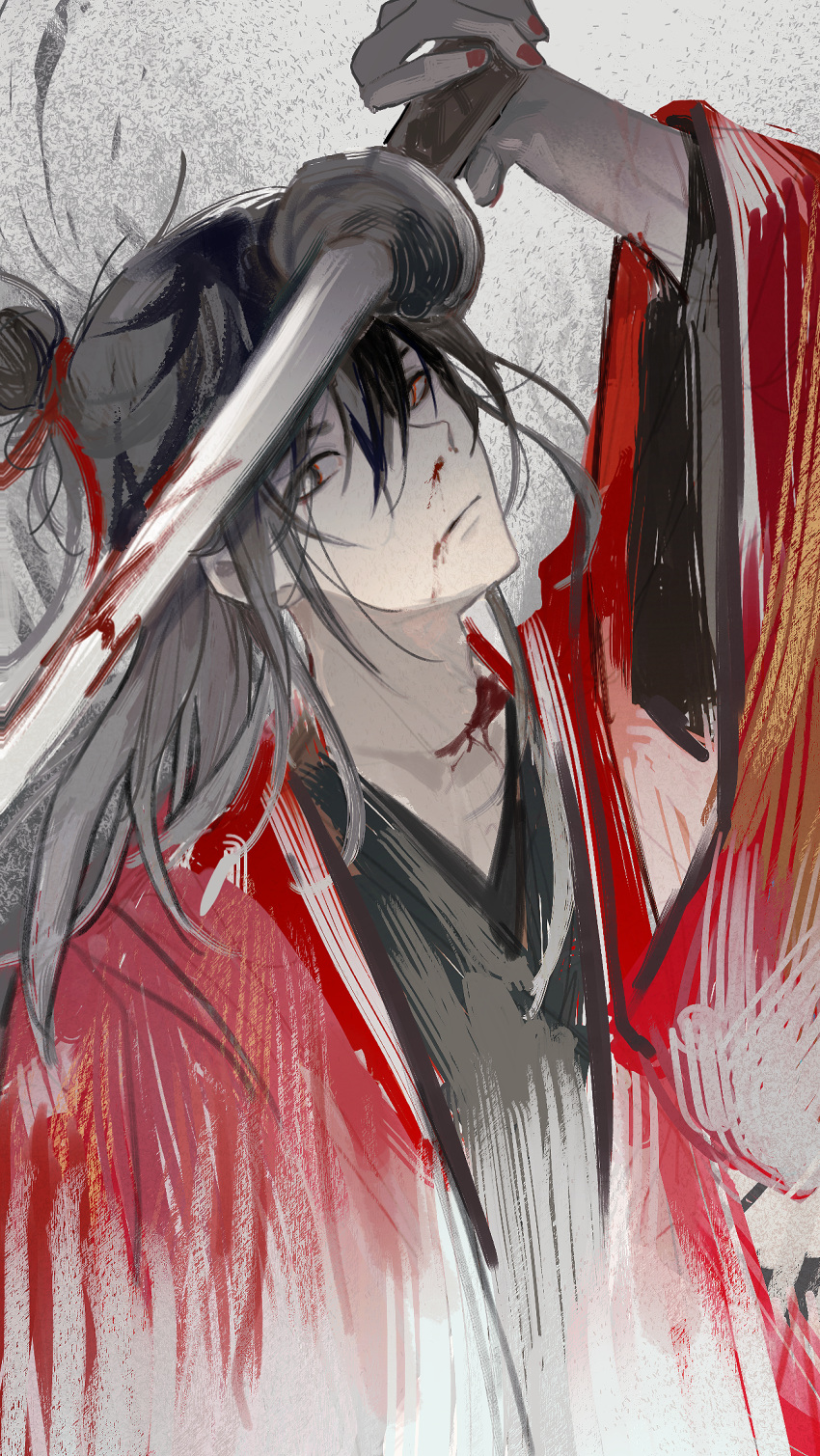 1boy, aaawwwssslll, arm_up, black_eyes, black_hair, black_hanfu, blood, blood_on_face