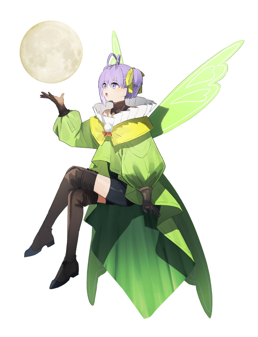 1girl, absurdres, antenna_hair, black_shorts, boots, brown_gloves, dress, fairy_wings