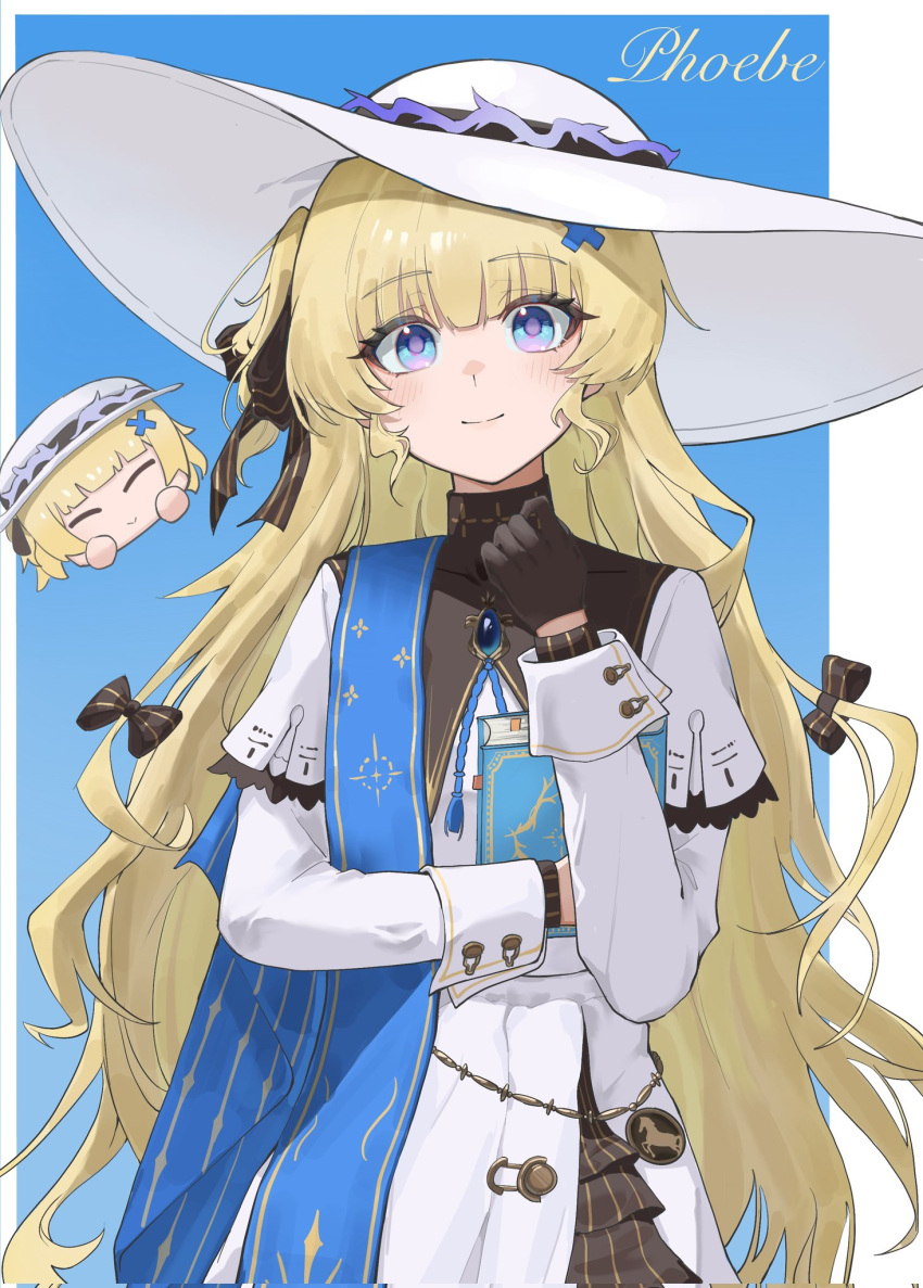 1girl, black_collar, black_gloves, blonde_hair, blue_eyes, blue_sash, book, character_name