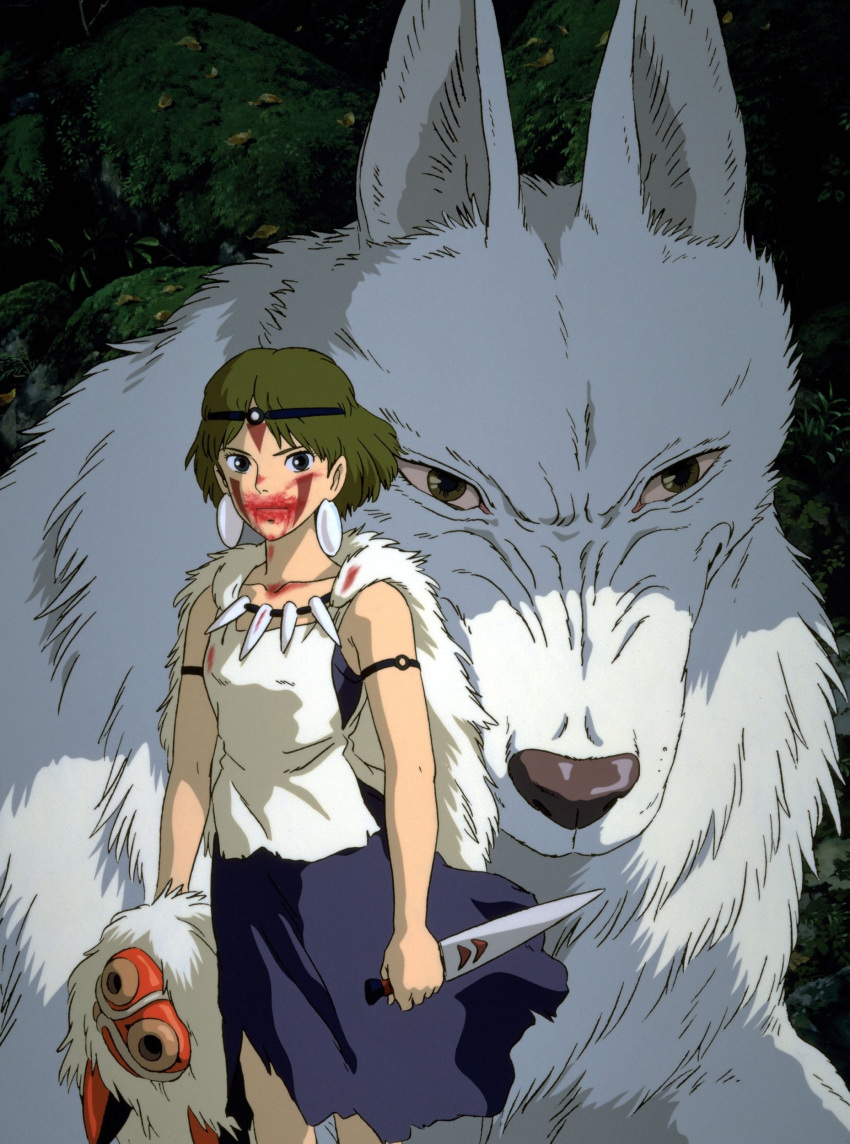 1girl, absurdres, blood, closed_mouth, highres, kunai, looking_at_viewer, mononoke_hime