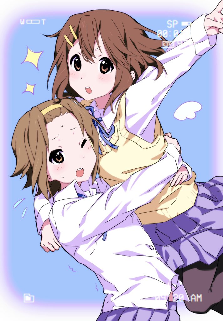 2girls, brown_hair, collared_shirt, hirasawa_yui, holding, jacket, k-on!, multiple_girls